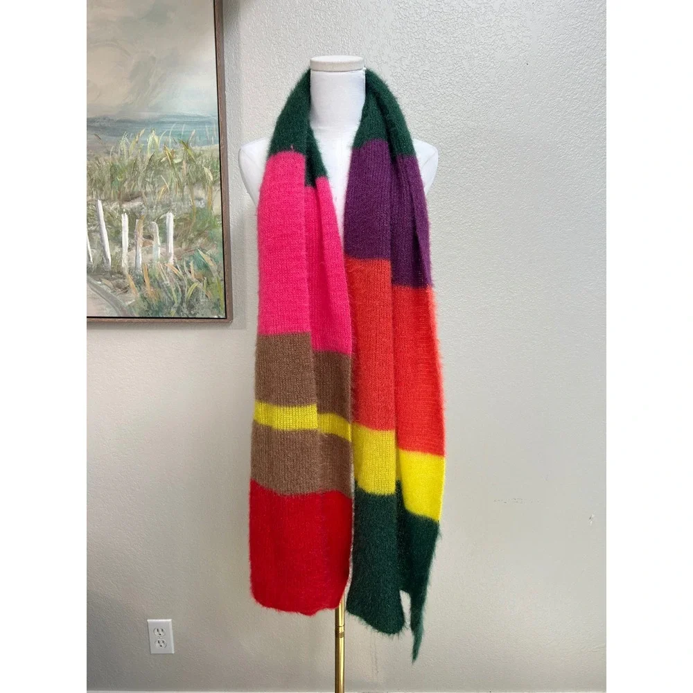 Multi Color Block Fuzzy Oversized Knit Scarf Rainbow Soft Winter Wrap